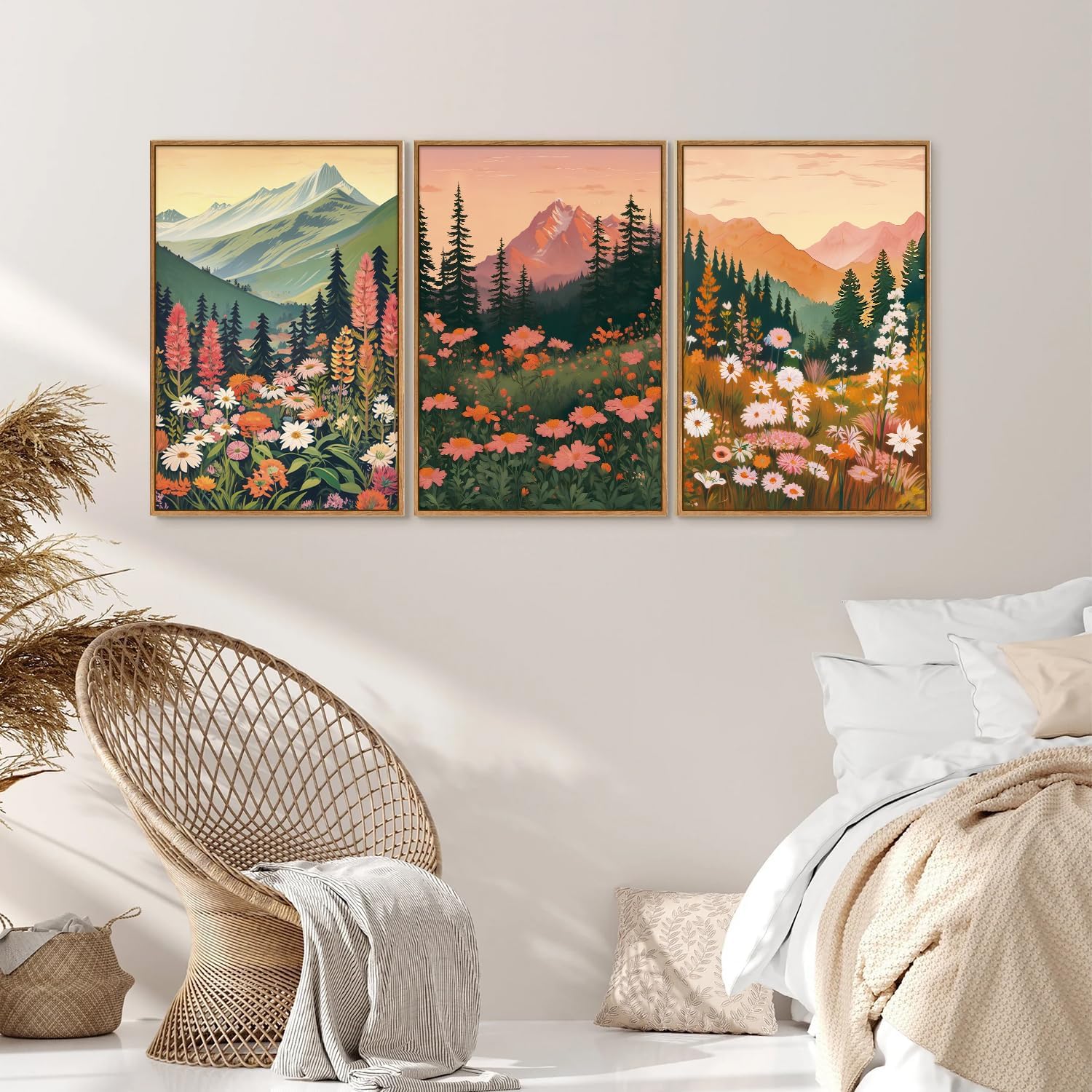 Tinonedraw Colorful Wildflower Blossom Framed Canvas Wall Art Set, Boho Blue Ridge Mountain Wall Decor,Floral Forest Scenery Artwork, Modern Nature Landscape Art Prints for Living Room Bedroom Office 16x24x3